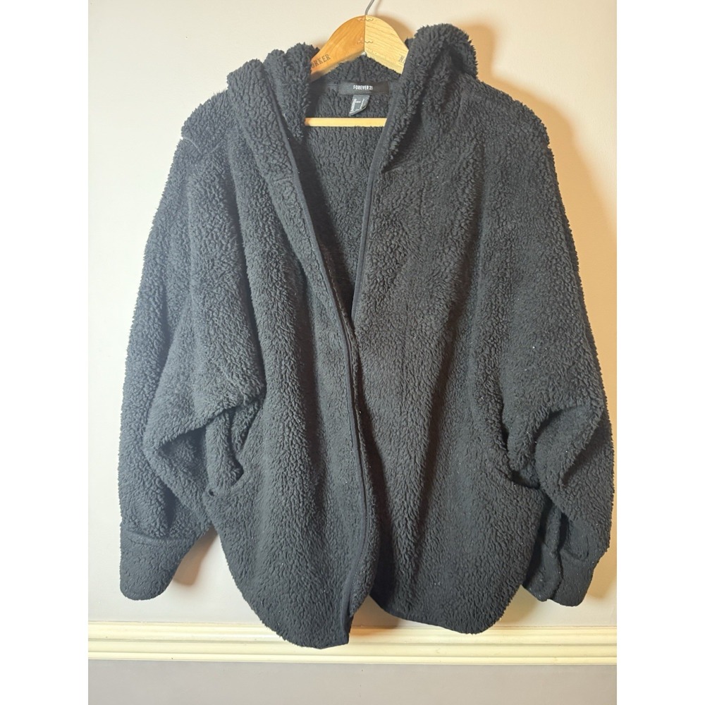 womens forever 21 jacket black plush snap close small oversized comfy